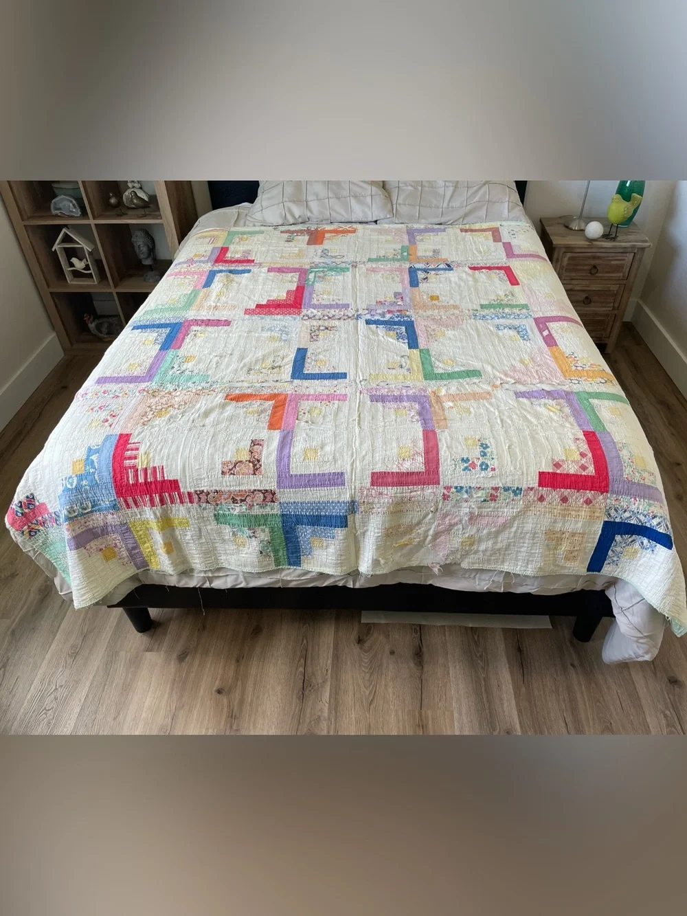 Vintage 1930s 40s Feedsack Log Cabin Quilt Hand Quilted Cutter Folk Art